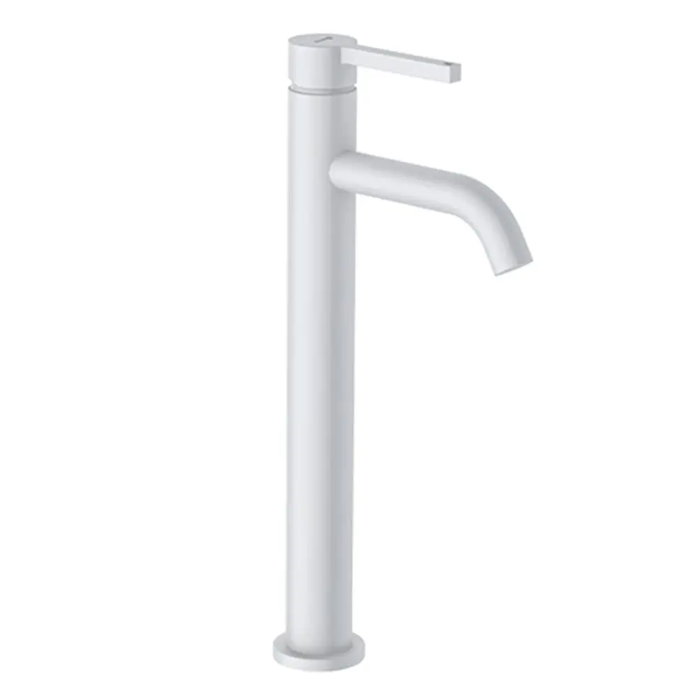 Weißer Wasserhahn von Kludi mit einem langen, geraden Auslauf und einem schlichten Hebel. Das Design ist minimalistisch und modern, geeignet für Waschbecken.
